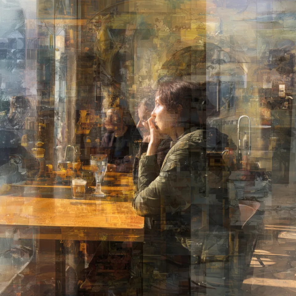 Composite Image of a Woman in a Coffee House
